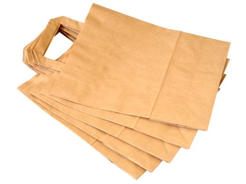 Szalagfüles papírtáska, papírszatyor - barna - közepes (26+12x36 cm)