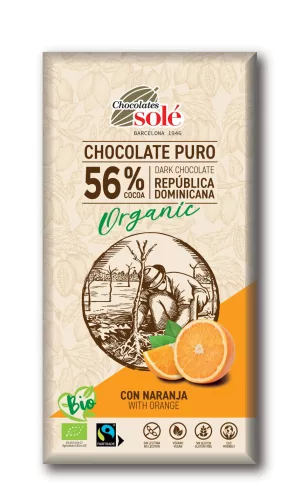 Chocolates Solé Bio, Fairtrade narancsos étcsokoládé 56% - 100 g  (gluténmentes)